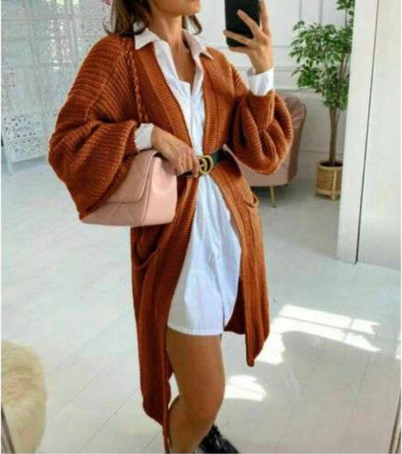 Long Balloon Sleeve Cardigan- Rust