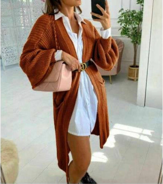 Long Balloon Sleeve Cardigan- Rust