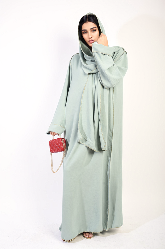 Long Sleeve Closed Abaya Maxi Dress With Embellished Piping