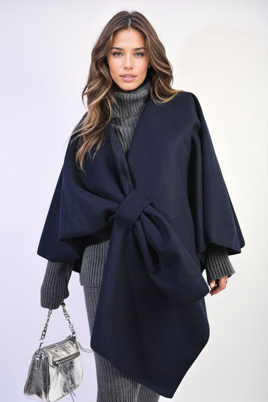 Solid Batwing Sleeve Crossover Cape Coat