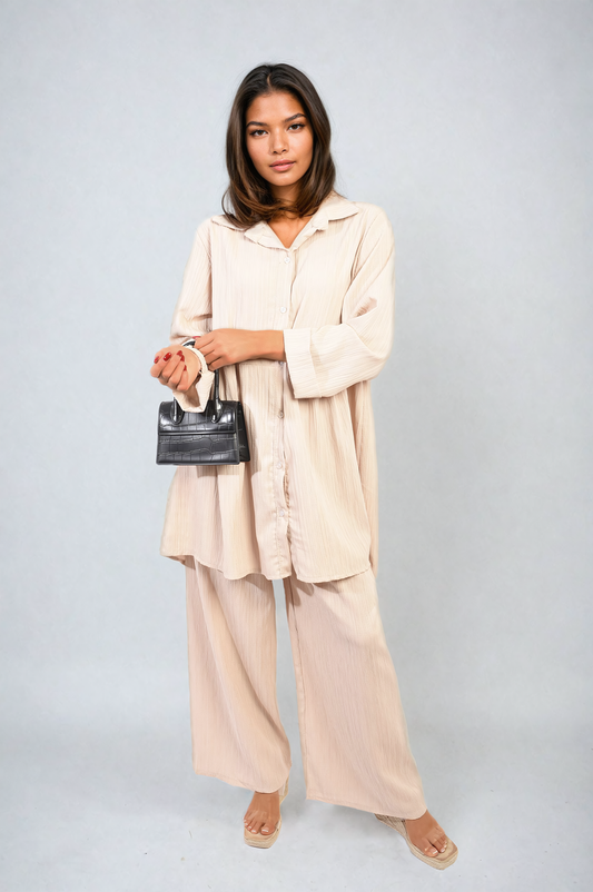 Oversized Collared Button Down Long Sleeve Top and Trouser Co-ord Set