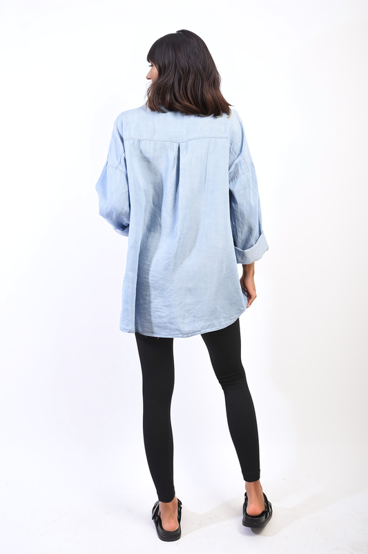 Collared Button Down Long Sleeve Loose Top with Front Pocket