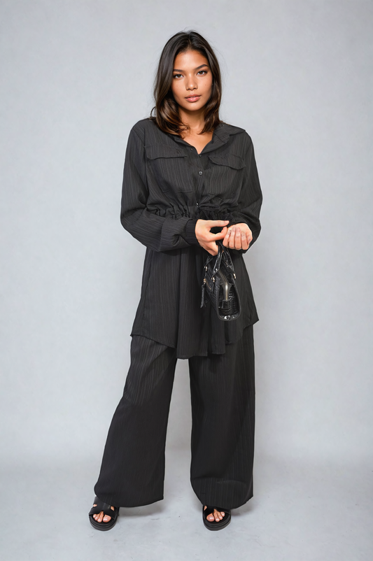 Oversized Long Sleeve Belted Button Down Top and Trouser Co-ord Set